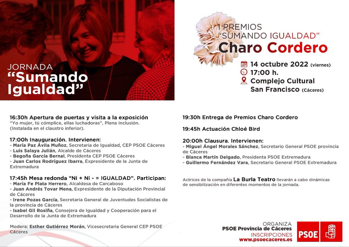 JSECC's tweet image. ❗ATENCIÓN

🌹El próximo 14 de octubre llevaremos a cabo los premios &quot;Sumando Igualdad&quot; Charo Cordero ¡Y no os lo podéis perder!🌹

📣Tenemos un catálogo de actividades muy interesantes para disfrutar de una tarde todas juntas

⌛A las 17:00 en el Complejo Cultural San Francisco