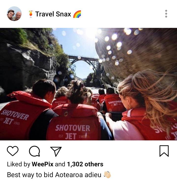 Lucius IG: Jet boating from passenger perspective. Caption reads "Best way to bid Aotearoa adieu" 
