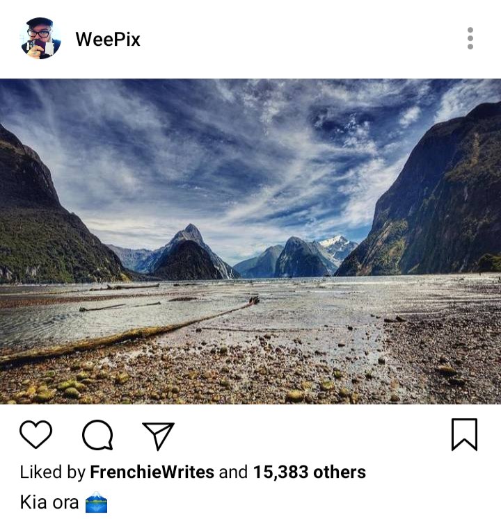 John's IG. Image of Fiordland national park. Caption reads "Kia ora" 