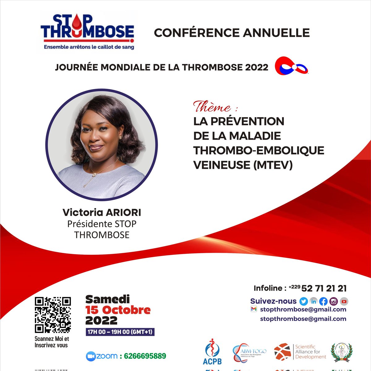 SThrombose's tweet photo. #JMT2022

🔵 Conférencier N° 6: Mme Victoria ARIORI
Rejoignez Victoria ARIORI, Biologiste - Qualiticien et le president de STOP THROMBOSE le Samedi 15 Octobre 2022.
#stopthrombose #wtd2022 #santé 
  
Avec le soutien de : #ACPB,#ABMTOGO, #SAD, #ABMBENIN, #ABIOMCI, #ONMB https://t.co/JSqZp0RDTQ