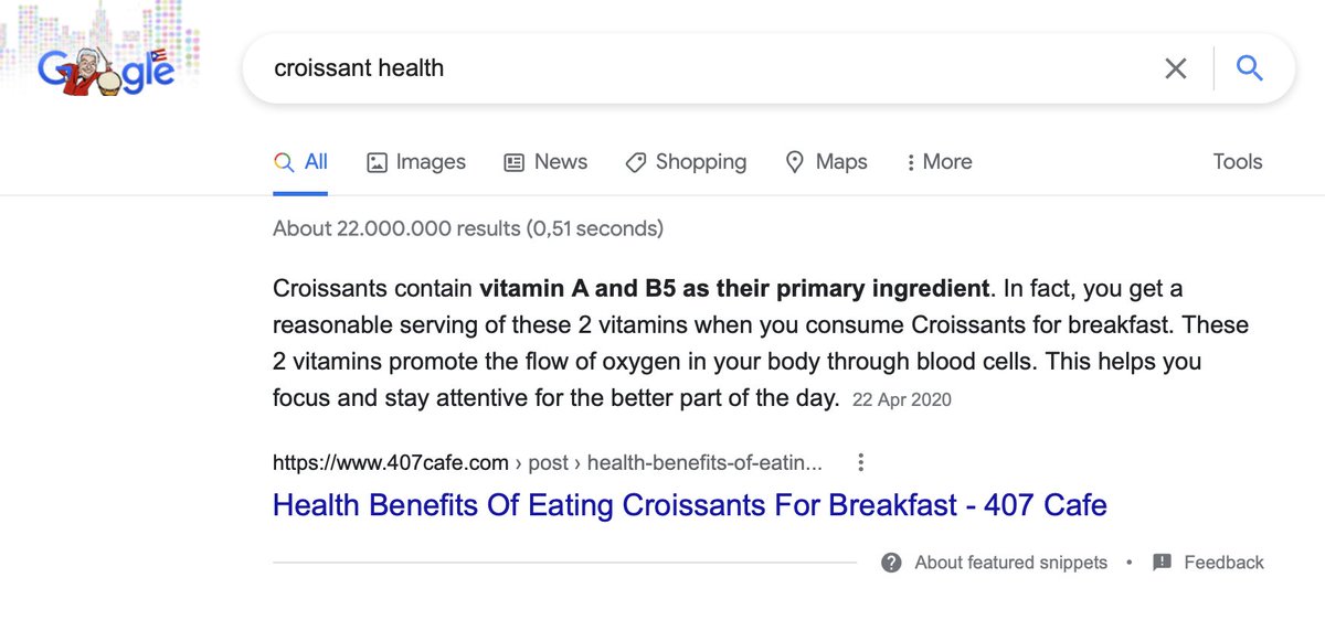 chrisma0's tweet photo. I mean, I'm not an expert, @Google, but this... doesn't seem right?! 🥐👨⚕️#featuredSnippet https://t.co/6moD8K1Rbd