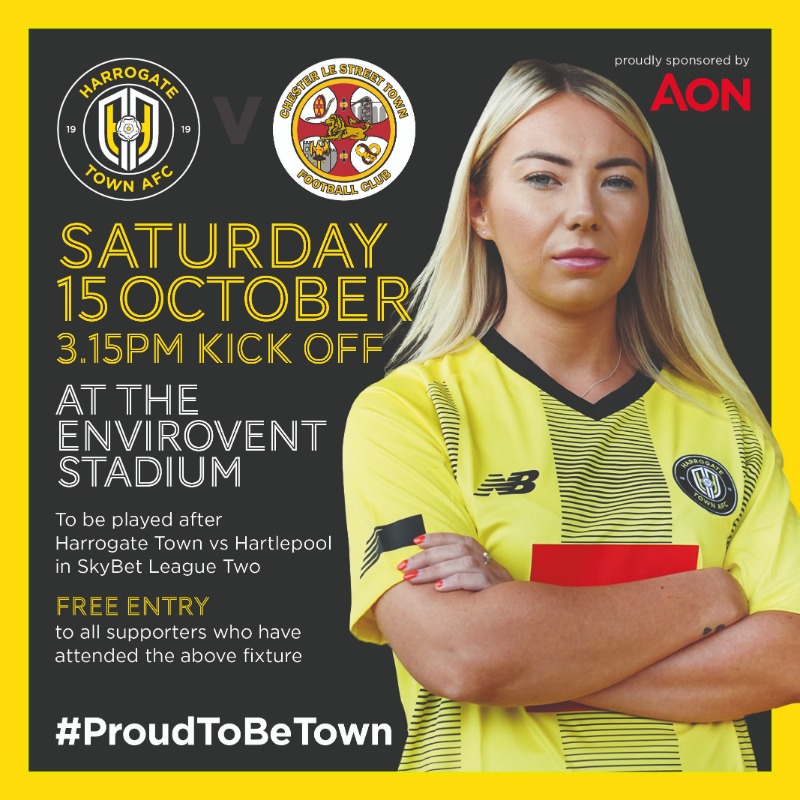 HarrogateTown's tweet photo. Don't forget to stick around at The EnviroVent Stadium for @HGTTownWomen's fixture on Saturday ⚽️

Our Women's team will be taking on Chester le Street at 3.15pm. shortly after our @SkyBetLeagueTwo fixture against Hartlepool

#ProudToBeTown