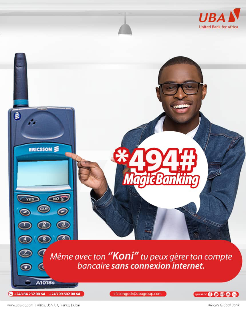 UBARDC's tweet photo. Même avec ton "Koni " tu gères ton compte UBA grâce au service Magic Banking.
Pas besoin de connexion internet ni de smartphone et c’est gratuit! #UBA #RDC #LaBanqueAuBoutDuClic #MagicBanking https://t.co/l1bg4pn0VK