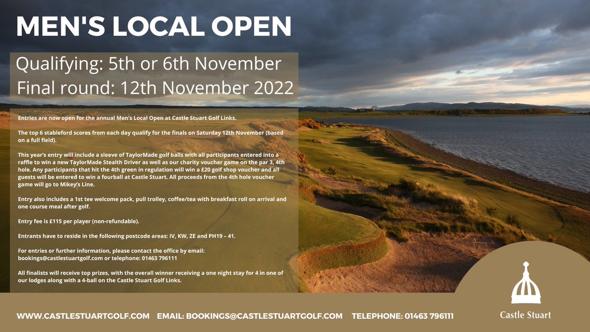 It’s on. Our Men’s Local Open. To enter, call our booking office or email. Details below. Good luck!