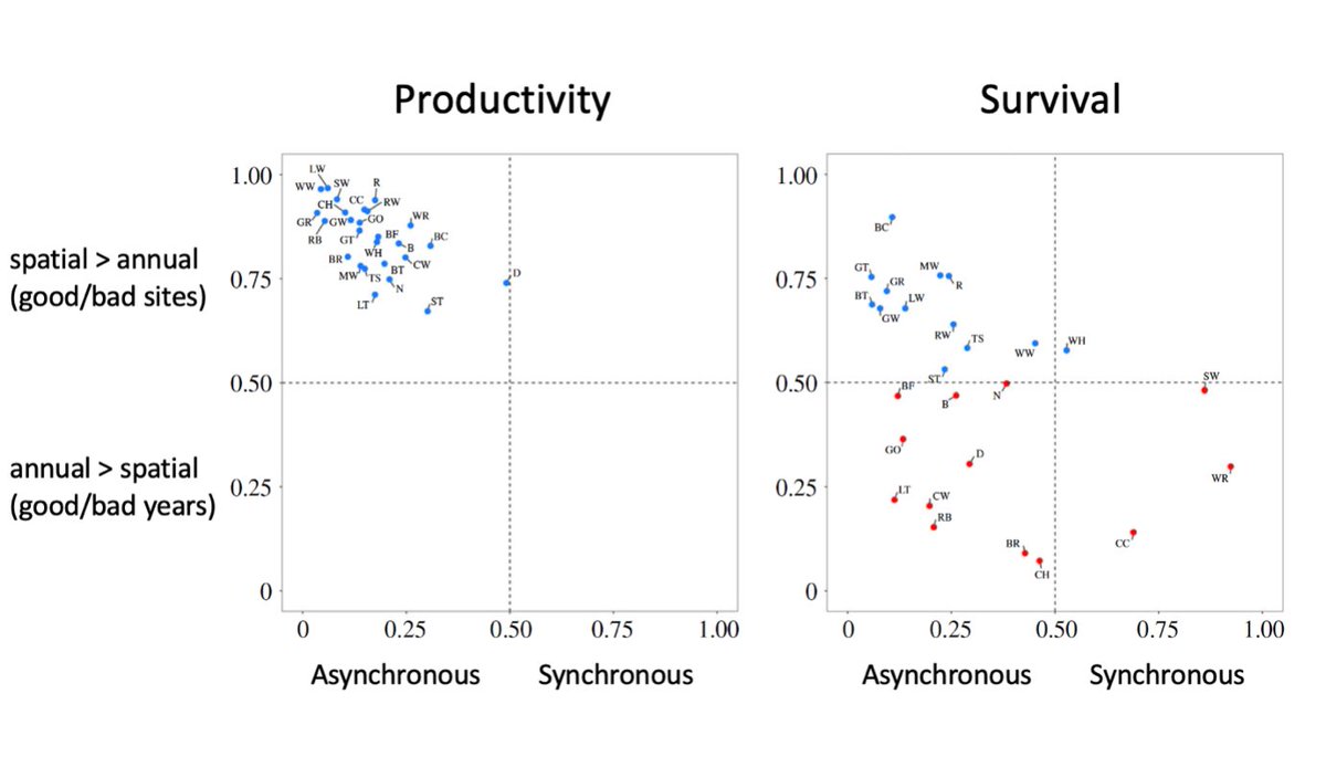 5/#BOUasm22 #Break3

Productivity varies more between sites than years → sites with consistently low productivity could be targeted.

Survival often varies more between years (asynchronously) than sites → local actions to boost survival in poor years likely to be challenging.