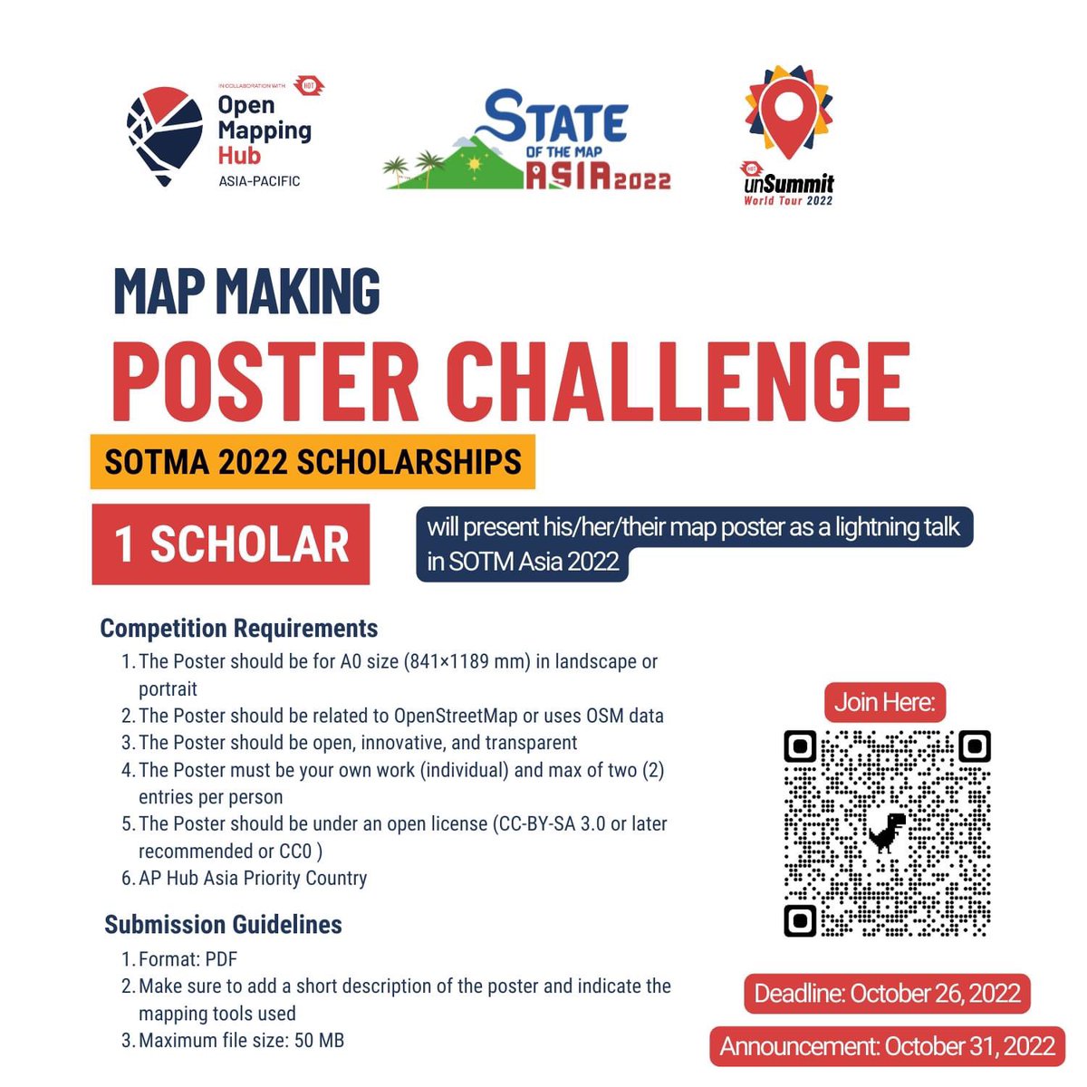 #StateoftheMapAsia2022 is around the corner!OMH-AP supported by @hotosm's #unSummit2022 is offering travel scholarships to 10-12 individuals from the open mapping community! More info: docs.google.com/document/d/1ES…