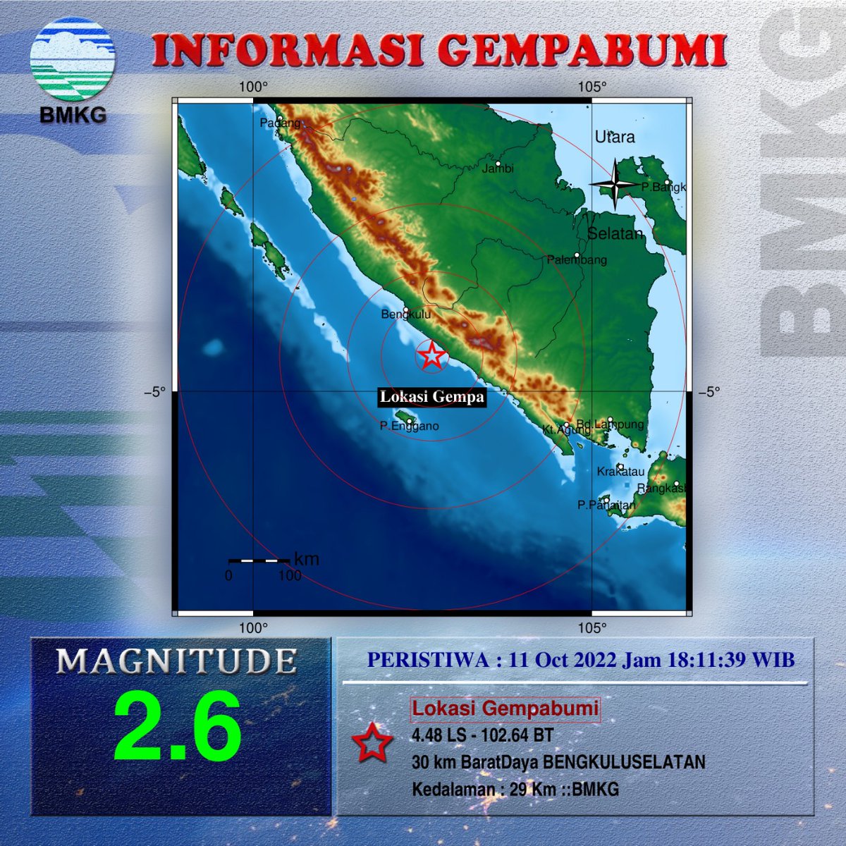 bmkgwilayah2's tweet photo. Info Gempa Mag:2.6, 11-Oct-22 18:11:39 WIB, Lok:4.48 LS - 102.64 BT (30 km BaratDaya BENGKULUSELATAN), Kedlmn: 29 Km ::BMKG https://t.co/263BXkmzMH