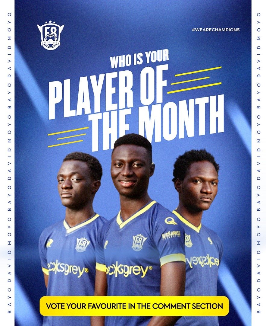 f8ballersafrica's tweet photo. Vote your #EliteTeam #September POTM 🏅

1. Abayomi Ogundele @bayo_d7 
2. David Joseph #davidjoseph
3. Moyosore Onikoyi @Moyosore_30 

Winner will be announced this Friday 🥳
Votes across all our social media platforms count.

#Award #Football #Soccer

WE ARE CHAMPIONS 🏆⚽💛 https://t.co/k9RemYRsjX