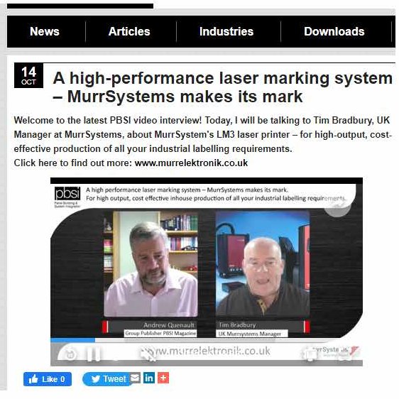 Tim Bradbury - UK Sales &amp; Technical Manager spoke to 
<a href="/pbsimag/">PBSI Magazine</a> about #murrsystems  high-performance, low-cost laser marking system. Now available and in stock.

Watch the short video interview here >>> pbsionthenet.net/video/192862/A…

#industrial #labelling #electrical #laserprinter