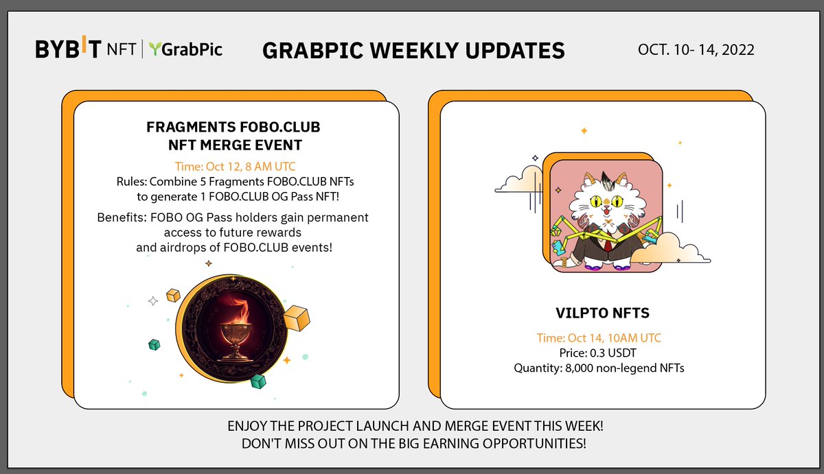 Bybit_NFT's tweet photo. 🔥#GrabPic Weekly Updates

1⃣Join @foboclub OG Pass merge event on Oct 12 to gain permanent access to https://t.co/fVzFTd5MzG events and #stake2earn USDT!

2⃣Grab your Vilpto #NFTs on Oct 14 and stand a chance to win art manuscripts worth 3,000 USDT! https://t.co/5G7O8dof49 https://t.co/fe7cBGXtYh