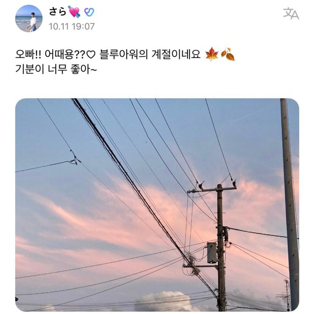 TXTTurkey's tweet photo. [221011] #Taehyun Weverse Yorumu 

Hayran: Oppa!! Nasıl?? ♡ Blue Hour zamanı 🍁🍂 Çoook iyi hissettiriyor~ 

🐿: Japonya mı? 

cr. 304verse https://t.co/B3PZAEfHi6
