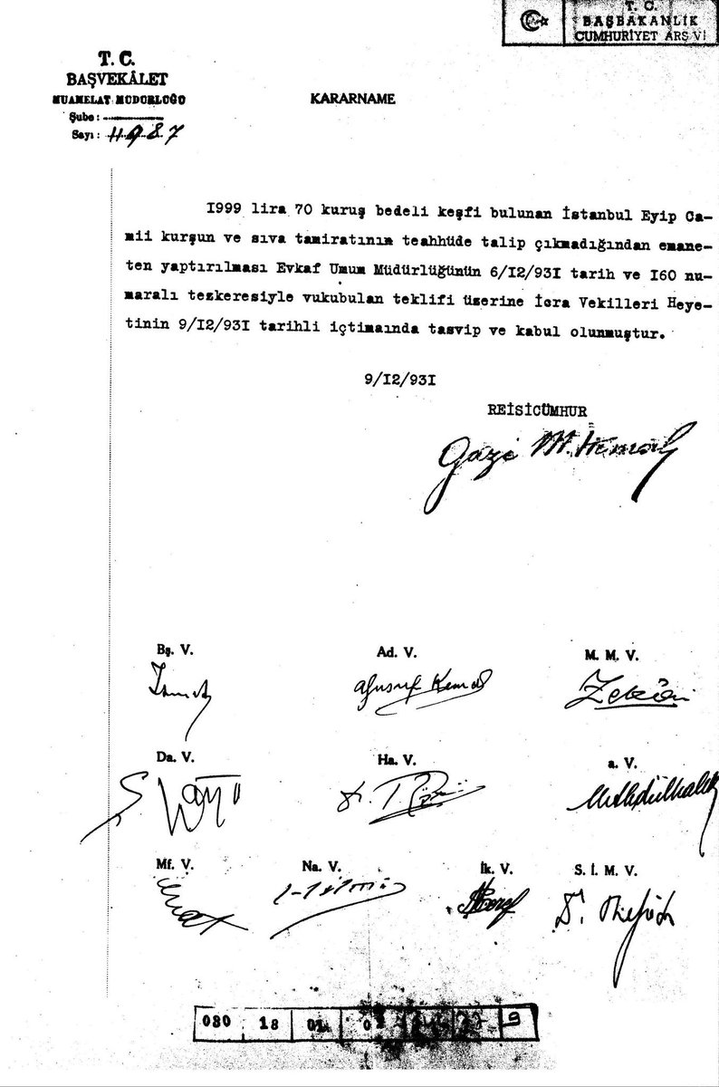 1931, İstanbul Eyüp Camii kurşun ve sıva tamiratının emaneten yaptırılması.

(BCA, 30-18-1-2 / 24 - 77 - 9)