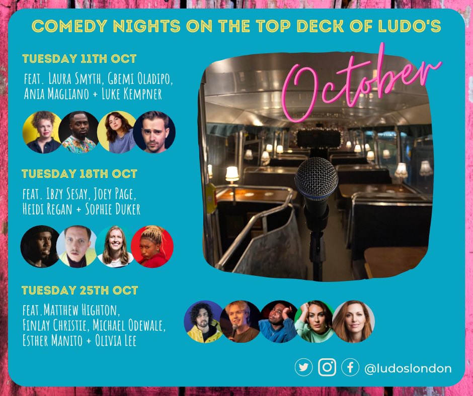 Comedy Tonight! On the top deck of Ludo’s at @bluehouseyard Get your tickets now 👉🏼 ludoslondon.co.uk/comedy