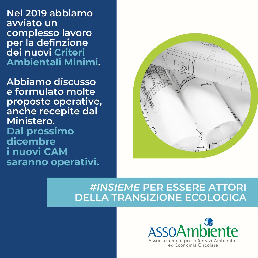 Dopo più di 3 anni di lavoro, dal prossimo dicembre saranno operativi nuovi #CAM che la P.A. dovrà utilizzare per acquisire beni/servizi.

🎯L'importante obiettivo raggiunto contribuisce al sostegno della domanda di prodotti/materiali riciclati.

#InsiemeadAssoambiente