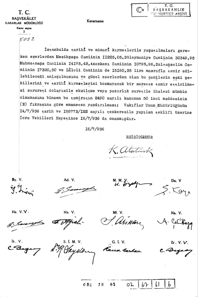 Yıl 1936, İstanbul'da 6 farklı camiin tamirinin emaneten yaptırılması.