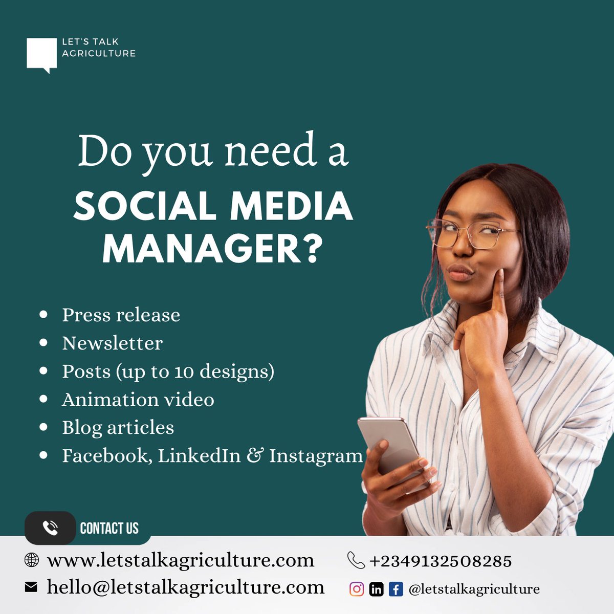 Do you need a social media manager?

We are an industry-specific company and you can rest assured that we know the agriculture sector.

Want to get started? 
Send an email to hello@letstalkagriculture 
:
:
#agriculture #socialmediamanager #business #agriculturepr @SharonIdahosaa