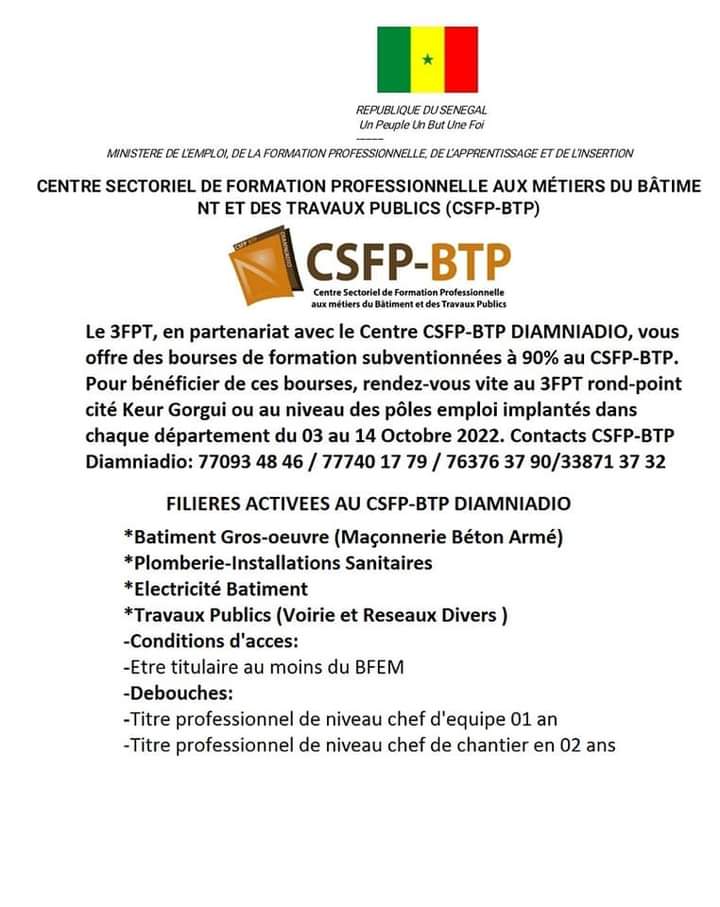 csfp_btp's tweet image. Bachelier-e, étudiant-e, Parents d’élève,
Bénéficier d’une bourse 3FPT pour intégrer au Centre sectoriel de formation professionnelle aux métiers du Bâtiments et des Travaux Publics CSFP-BTP Diamniadio   
Rapprochez-vous des pôles emploi jeunesse