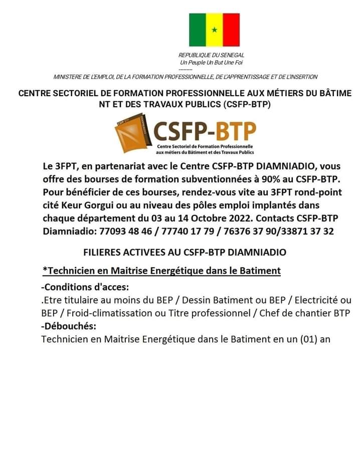 csfp_btp's tweet image. Bachelier-e, étudiant-e, Parents d’élève,
Bénéficier d’une bourse 3FPT pour intégrer au Centre sectoriel de formation professionnelle aux métiers du Bâtiments et des Travaux Publics CSFP-BTP Diamniadio   
Rapprochez-vous des pôles emploi jeunesse