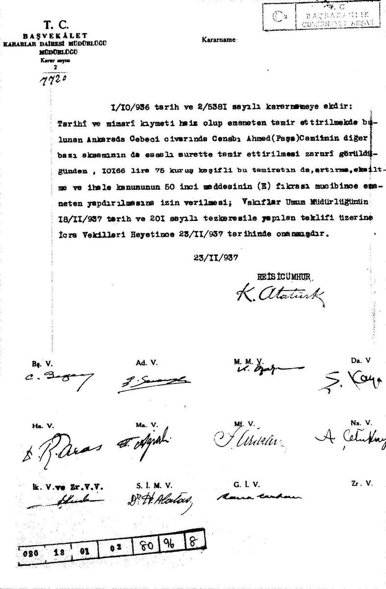 1936, Ankara'da tarihi kıymeti bulunan Cenabi Ahmet Paşa Camii'nin emaneten tamir ettirilmesi.