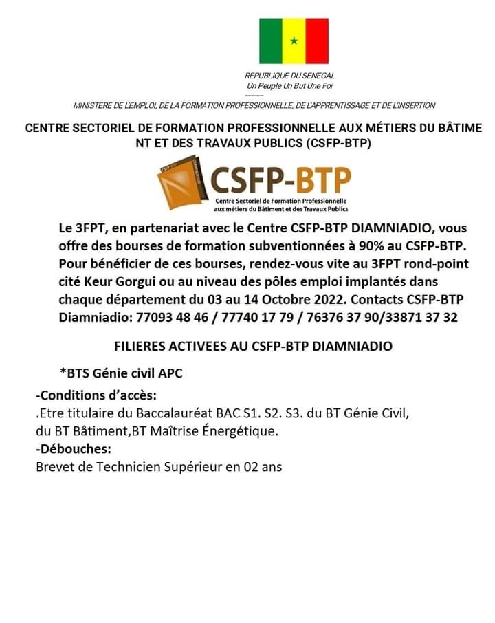 csfp_btp's tweet image. Bachelier-e, étudiant-e, Parents d’élève,
Bénéficier d’une bourse 3FPT pour intégrer au Centre sectoriel de formation professionnelle aux métiers du Bâtiments et des Travaux Publics CSFP-BTP Diamniadio   
Rapprochez-vous des pôles emploi jeunesse