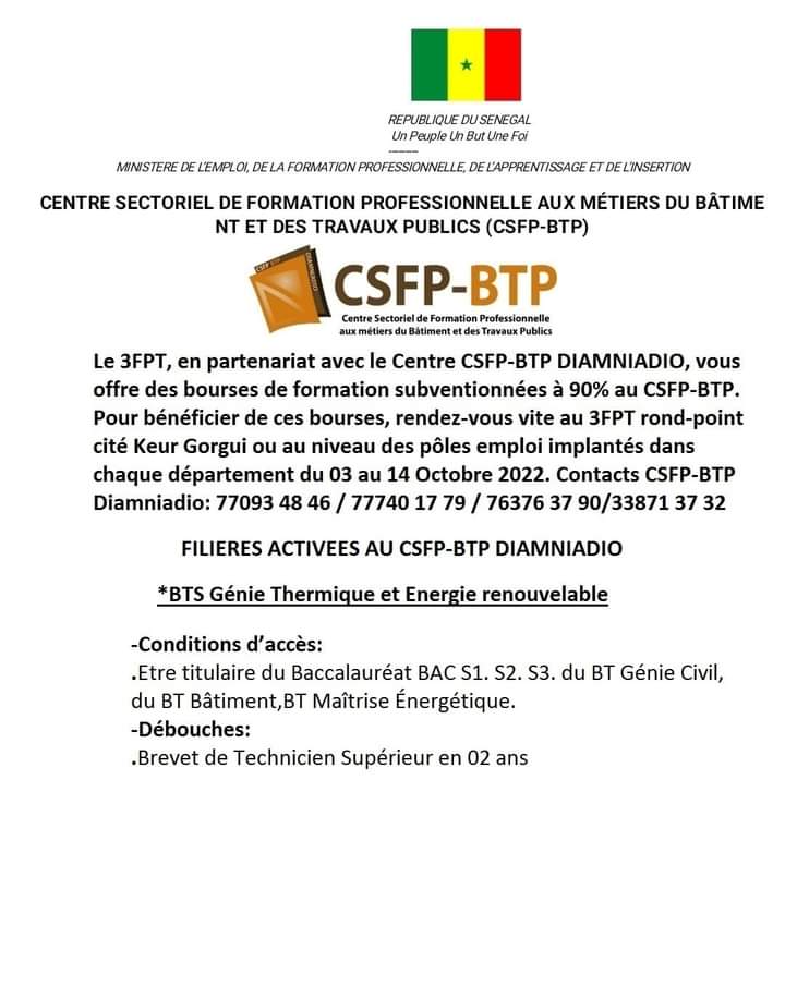 csfp_btp's tweet image. Bachelier-e, étudiant-e, Parents d’élève,
Bénéficier d’une bourse 3FPT pour intégrer au Centre sectoriel de formation professionnelle aux métiers du Bâtiments et des Travaux Publics CSFP-BTP Diamniadio   
Rapprochez-vous des pôles emploi jeunesse