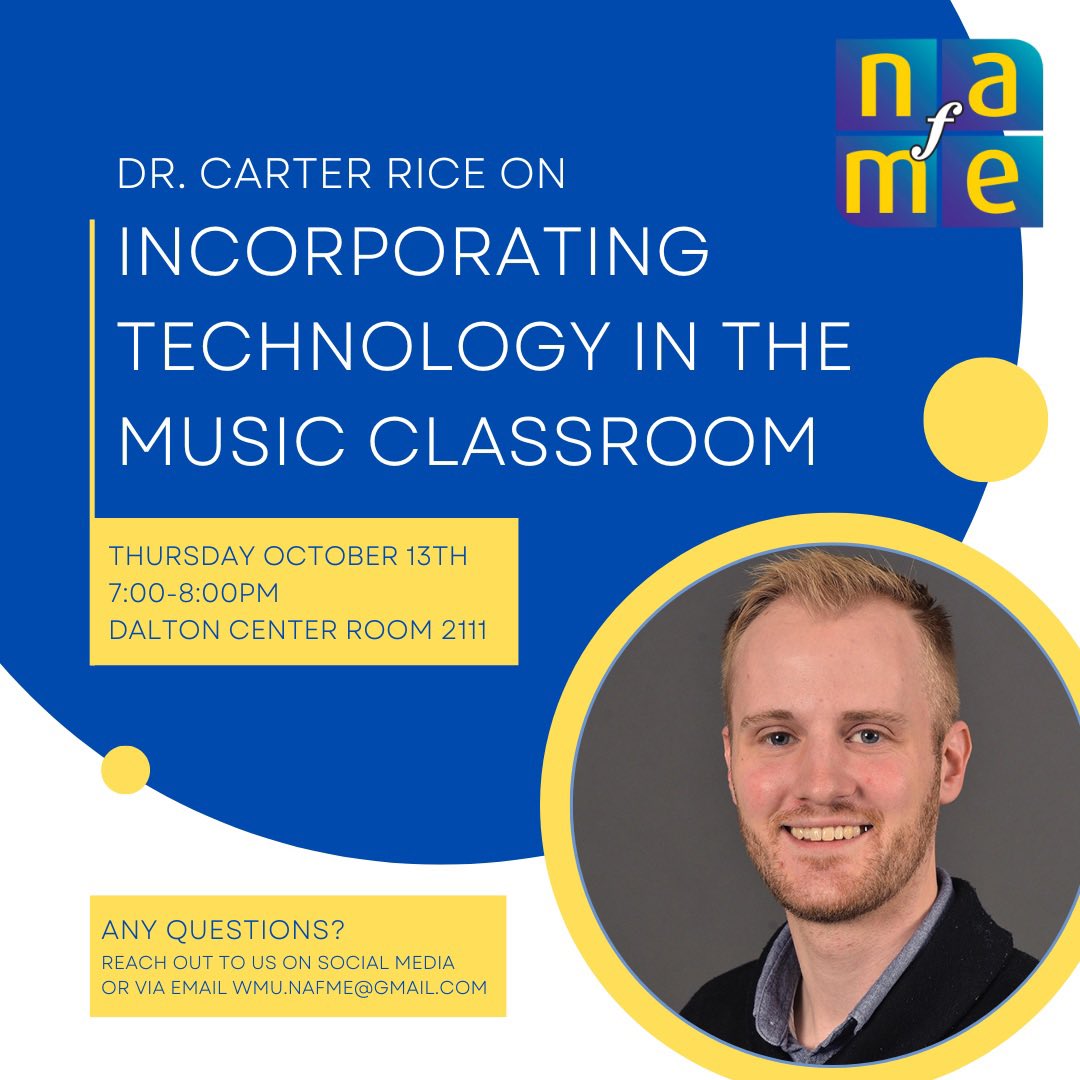 wmunafme32's tweet photo. 📣 UPCOMING PRESENTATION📣

Join us this Thursday, October 13th, 7:00-8:00pm in room 2111 for a wonderful presentation! Dr. Carter Rice, WMU Assistant Professor of MAT, will be presenting on “Incorporating Technology in the Music Classroom”! 

#musiceducation #nafme https://t.co/ND0jlloVly