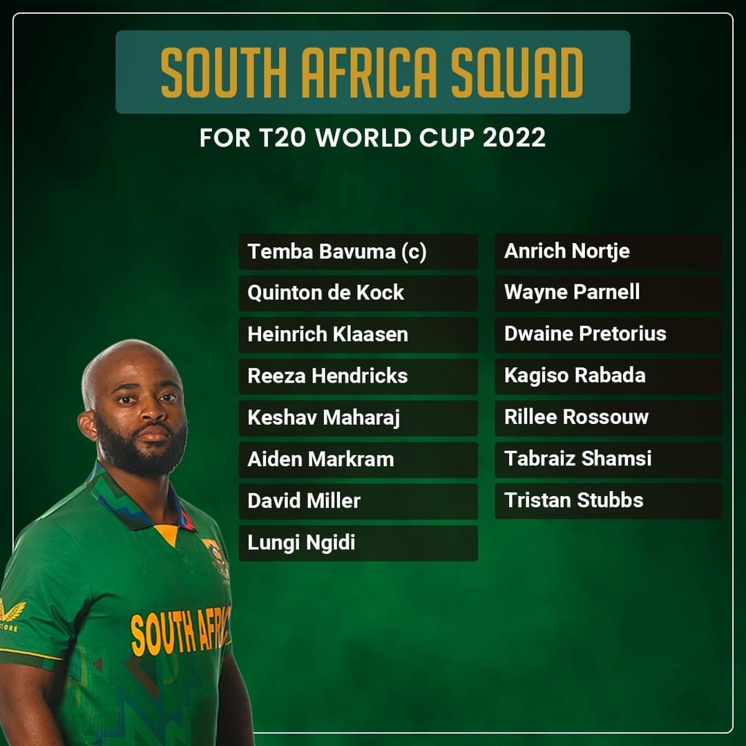 G_Singh6's tweet photo. #TeamSouthAfrica Squad of #ICC Men's #T20 #WorldCup2022
We will discuss #SASquad for #ICC Men's #T20WC 2022 with details
#SouthAfricaSquad ๐ฟ๐ฆ https://t.co/Vs4r3ThMD2
#SportsRAEx #SASquad #TeamSA #WC2022 #Cricket #CricketRecords #CricketNews #CricketFacts #ICCWC2022 #WorldCup https://t.co/UvDvQDs1Hd