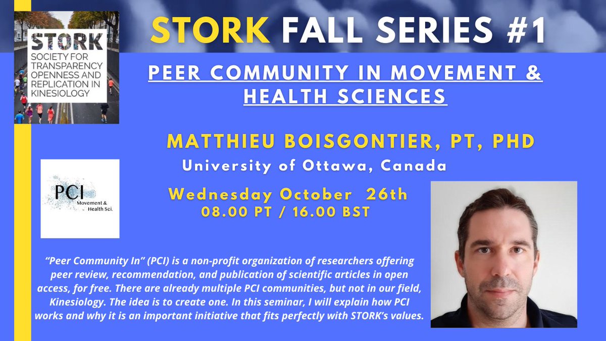 Join us for our first 2022 Fall Series seminar with <a href="/MattBoisgontier/">Matt Boisgontier</a> on October 26. He will be discussing a new initiative with “Peer Community In” (PCI). @PCI_Health_Mov  Register here 
 csueb.zoom.us/meeting/regist… #OpenScience #kinesiology