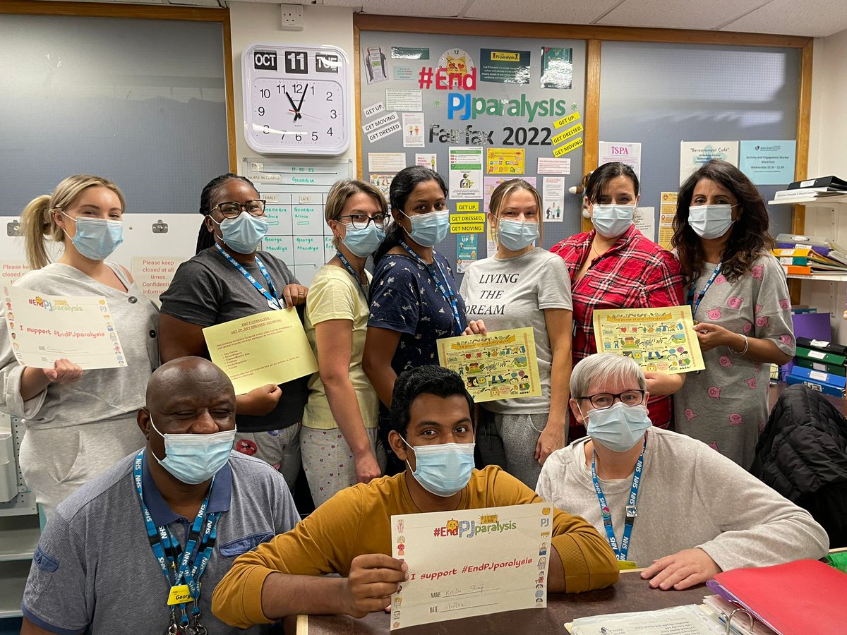 nhsswft's tweet photo. The Trust has been supporting ‘End PJ Paralysis’ today by wearing pyjamas to encourage patients to get up and moving. This helps with their mental wellbeing as well as their physical. Our Frailty FairFax Ward has also been hosting a number of interactive games for patients. https://t.co/OoBXz4kzIL