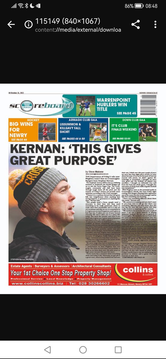 What a weekend it was and another big one ahead. Previews, reactions, reports - including <a href="/crossrangers/">Crossmaglen Rangers</a> mesmerising win in <a href="/Armagh_GAA/">Armagh_GAA</a>.  <a href="/WarrenpointGAA/">Warrenpoint GAA</a> won <a href="/OfficialDownGAA/">Official Down GAA</a> hurling title as footballers take on kingpins <a href="/KilcooGAC/">Kilcoo GAC</a>. Great week for <a href="/NewryHockeyClub/">Newry Olympic Hockey Club</a> &amp; <a href="/thepointfc/">Warrenpoint Town FC</a>