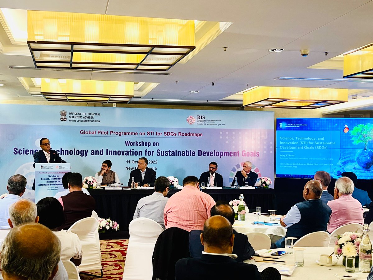 In his inaugural address during the international workshop on #STI for #SDGs @PrinSciAdvGoI Prof. @AjaySoodIISc stressed on India's national programmes, focus on #OneHealth Mission, #STI intervention for achieving #SDG2, #SDG3, #SDG6 & #SDG7 @Sachin_Chat @RIS_NewDelhi