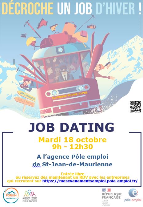 [#TousMobilisés] pour la saison d'hiver
L'agence @poleemploi_ara #SaintjeandeMaurienne organise dans ses locaux un #jobdating pour vous aider à trouver votre #emploi en vallée.
Inscription 👉mesevenementsemploi.pole-emploi.fr/mes-evenements…
#AvecPôleEmploi #Savoie #Maurienne,#OnEstLàPourVous
<a href="/mljmaurienne/">mlj maurienne</a>
