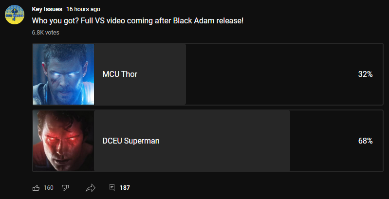 RT @KI_Garrick: MCU Thor vs DCEU Superman

YouTube thinks Superman wins - what does Twitter think? https://t.co/oOrbAd00pS