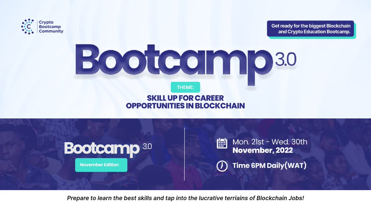 IamEbukkah's tweet photo. SKILL UP
Bootcamp 3.0 is here!
We are closing the Skills gap in Blockchain and Crypto Industry because it's time to Advance!!!
Stay Tuned For More Information...
#SkillUpwithCBC #CBCBootcamp3
Let's share while we anticipate πππ https://t.co/BGWVhz6w5l