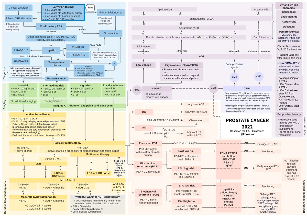 Hello #urologists!👋 Here is a nice summary of the latest recommendations on #prostatecancer, from diagnosis to treatment. A big thanks to @JGomezRivas for his input and help! A great tool to help you study, or review this topic in a few seconds! #urology #flowchart #uroonco