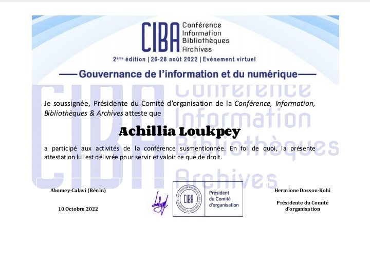 Lialoukpey's tweet photo. Comme annoncé les attestations de participation pour la Conférence Information, Bibliothèques &amp; Archives 2ème édition 2022 sont bien prêts. J'ai reçu le mien aujourd'hui et je vous invite à consulter votre mail et si possible le spam si vous avez fait une demande d'attestation https://t.co/qLAkRgAsqU