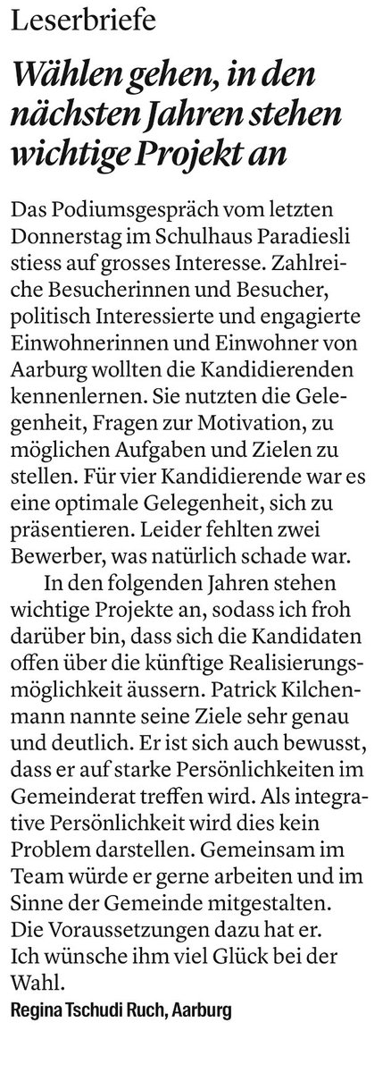 Keine 12‘000 Einwohnergemeinde darum SVP wählen - Patrick Kilchenmann in den Gemeinderat