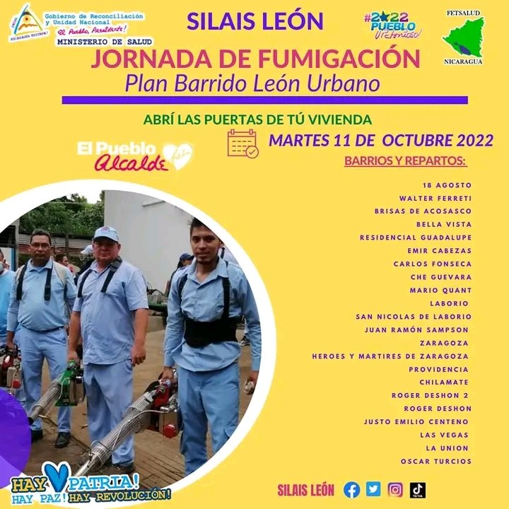 Buenos días  ☀️ 🤗 ☕🍪 mis tuiteros
#Nicaragua 
❌ No bajemos la guardia ante las enfermedades transmitidas por vectores, sigamos con las medidas preventivas del Dengue 🦟🦟
✅ Sexta jornada de aplicación de BTI
<a href="/Silais_Leon/">❤️🖤 Silais León 🦁🇳🇮✌️</a> 
#UnidosEnVictorias 
<a href="/FloryCantoX/">Flor y Canto 🇳🇮</a> <a href="/FcoRosales78/">Francisco Rosales 🇳🇮</a>