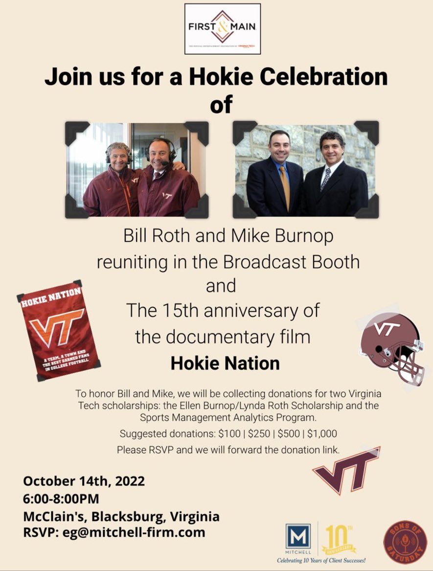 MikeBurnopVT's tweet photo. Looking forward to seeing everyone Friday night @mcclains_bburg for this Hokie Celebration. Please stop by &amp; see us &amp; if possible support these scholarships that are near &amp; dear to our hearts! We’ll tell a few stories &amp; get you ready for the @HokiesFB &amp; Canes! https://t.co/GvXPLsdN4F
