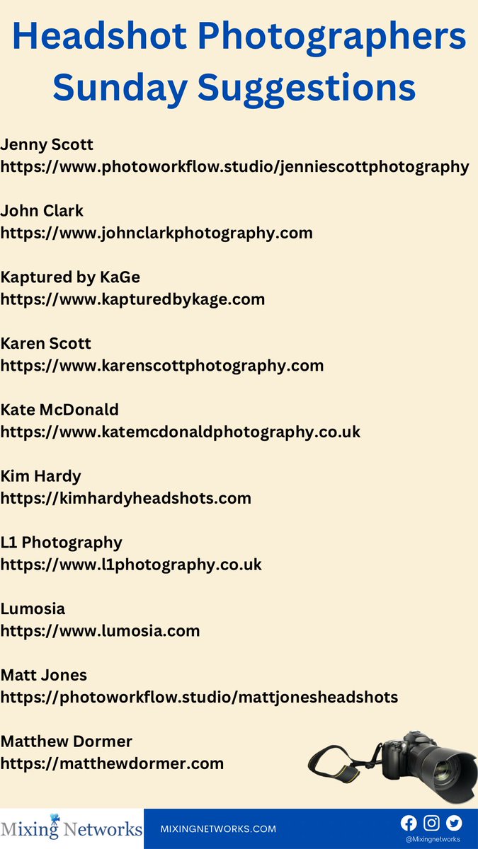Here is the list of headshot photographers (in alphabetical order) from our first ever Sunday Suggestions! 

A huge thank you to everyone who  commented and tagged! 

See you on Sunday for more acting industry suggestions! 😎

DM us for a PDF copy (you can click the links)

⬇️