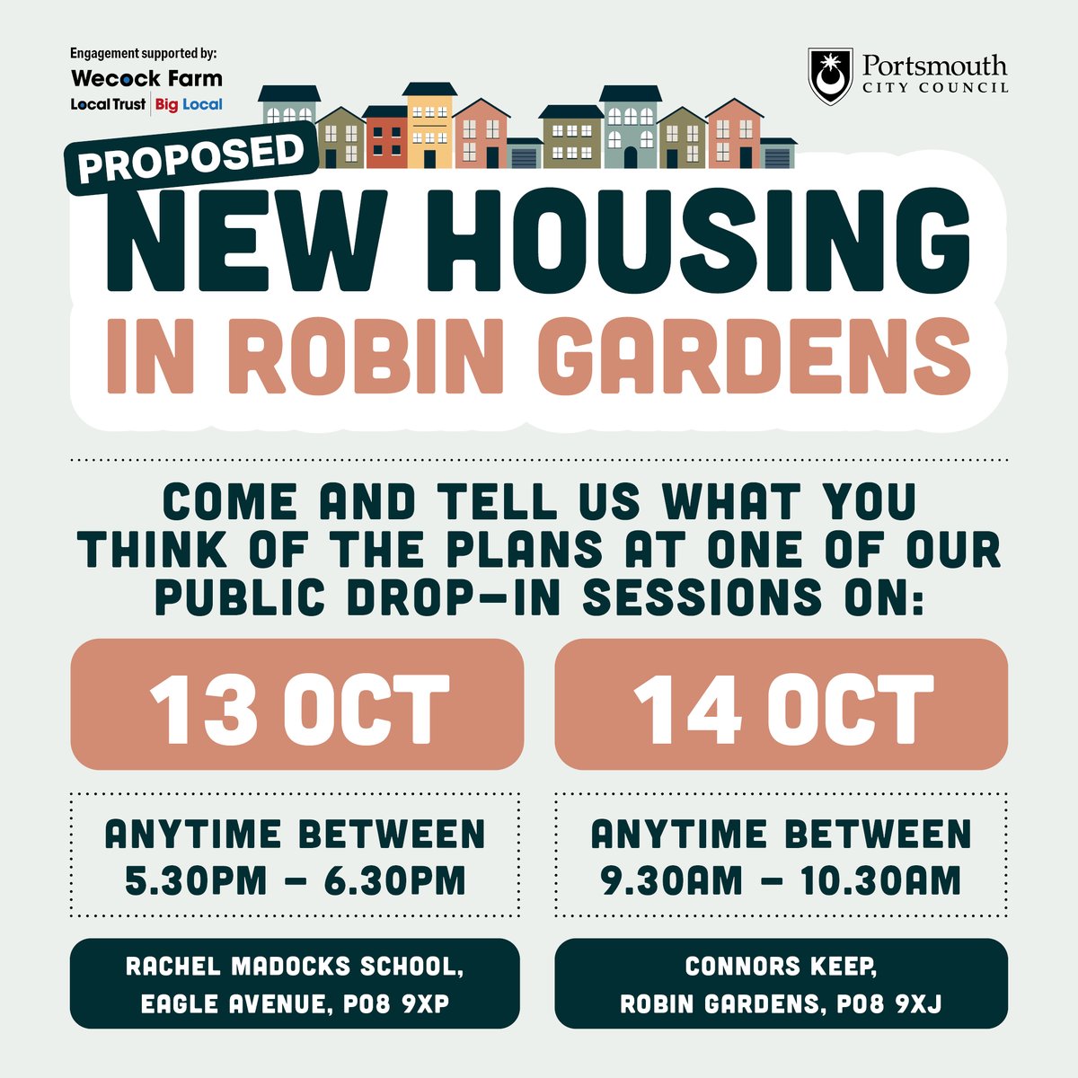 PCC_Help's tweet image. Join us at a drop-in session at the below locations, 13 or 14 October. Find out about proposed new family homes to be built in Robin Gardens, Waterlooville. We'll show the plans so far, answer any questions about the project &amp;amp; there will be free tea, coffee &amp;amp; biscuits.