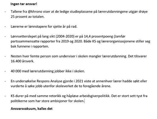 geirro's tweet photo. Det har vært merkelig tyst fra politiske partier om skolepolitikk i det siste. Et meget hederlig unntak var @SVparti som vil lovfeste elevers rett til lærerutdannede lærere. @www_ks_no tar ikke ansvar, men det må vi nesten forvente at @Regjeringen  gjør?
https://t.co/Ru5FzW4G0B https://t.co/DjW5RPT54Y