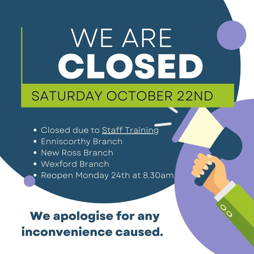 📣 IMPORTANT ANNOUNCEMENT 📣 

The Cooney Furlong Grain Company will close our 3 retail stores on Saturday, October 22nd. 

This will be a once off, to allow for staff training. 

The branches will reopen at 8.30am Monday 24th. 

We apologise for any inconvenience caused.