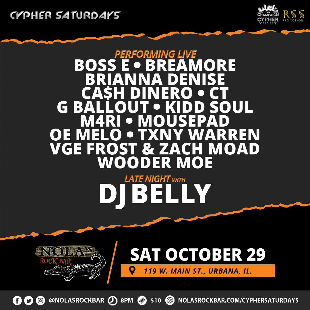 NOLAsRockBar's tweet photo. 🐊🔥 Cypher Saturdays pt.3 is coming with another dope lineup and more NOLA's debut performances! Only ten bucks to come experience CU's thriving underground hip-hop scene. Late night hours with @djbellymusic.

➡ https://t.co/bRUWdgzwzo https://t.co/2L7TPzwJPy