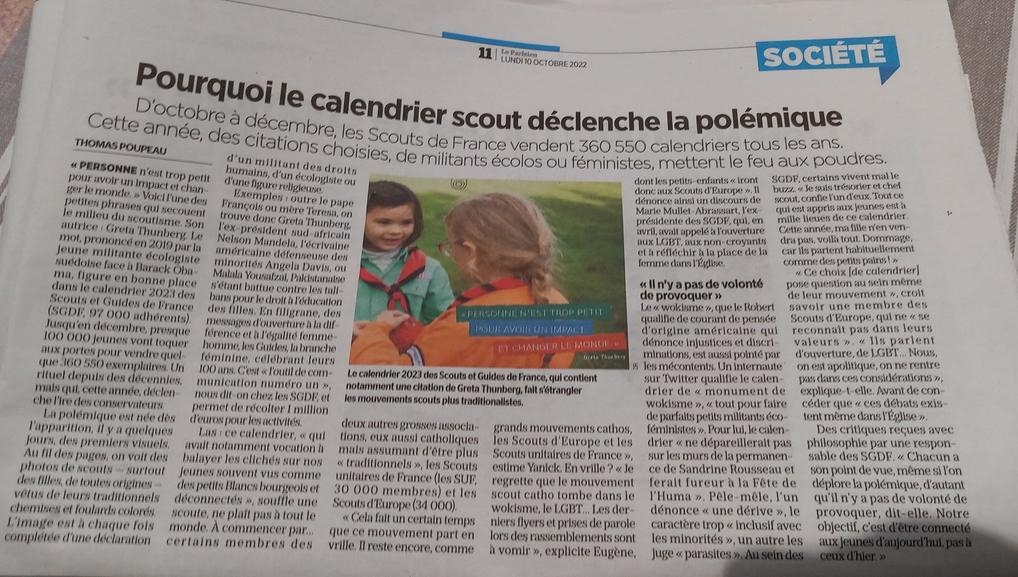 Abie Hier Jai Feuillete Le Parisien Du Cafe Avec Mon Pere Apparemment Suite A Une Citation Inspirante De Greta Thunberg Dans Leur Calendrier Les Scouts De France Se Font Critiquer