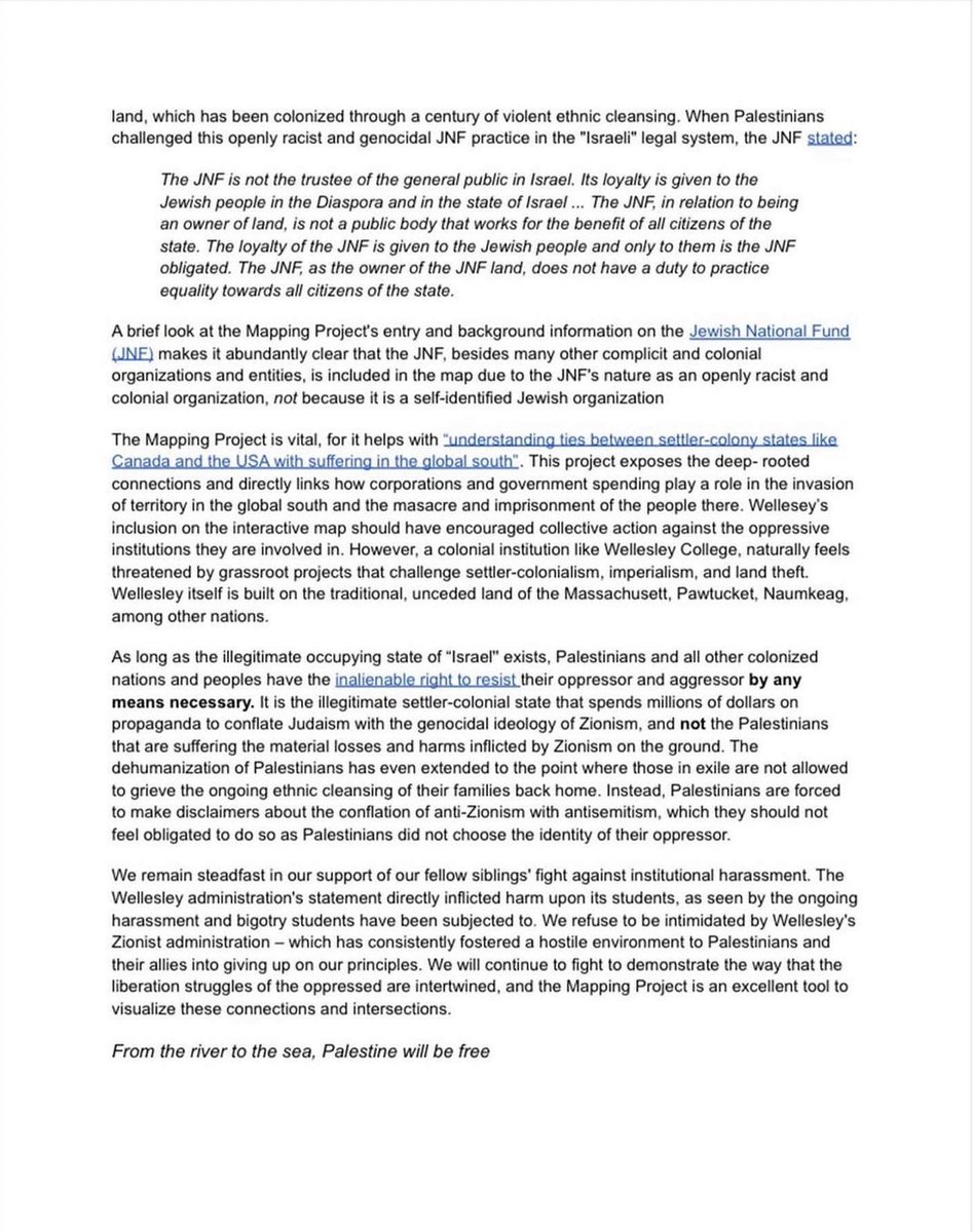 'The president's inflammatory statement is not unprecedented as Wellesley has a history of jeopardizing the safety of Palestinian students & their allies, all to serve the interests of the U.S. empire & the violent, oppressive structures that Wellesley College associates with.'🔥