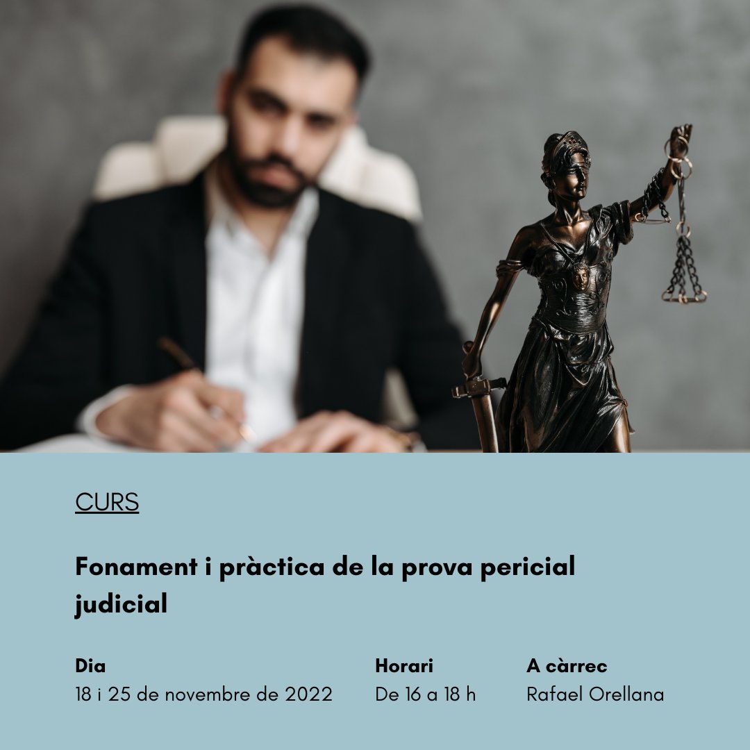📢Fonament i pràctica de la prova pericial judicial, a càrrec de Rafael Orellana

📅18 i 25 de novembre de 2022 de 16:00 a 18:00 h 
💻mitjançant l'aplicació de Zoom

Inscripcions: ow.ly/WPmf50L6Hwk