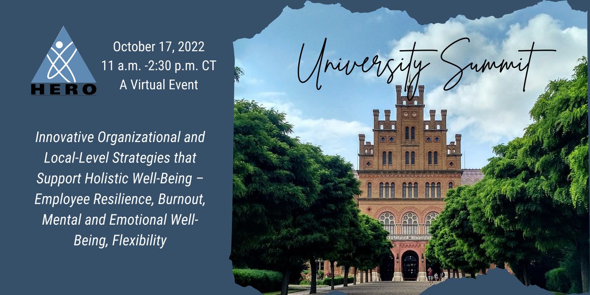 The 2022 HERO University Summit will be held Monday, October 17, 2022 |11:00 am CT/12:00 pm ET – 2:30 pm CT/3:30 pm ET | as a virtual event! See the agenda, learn more about the topic &amp; register here: forum.hero-health.org/university-sum…