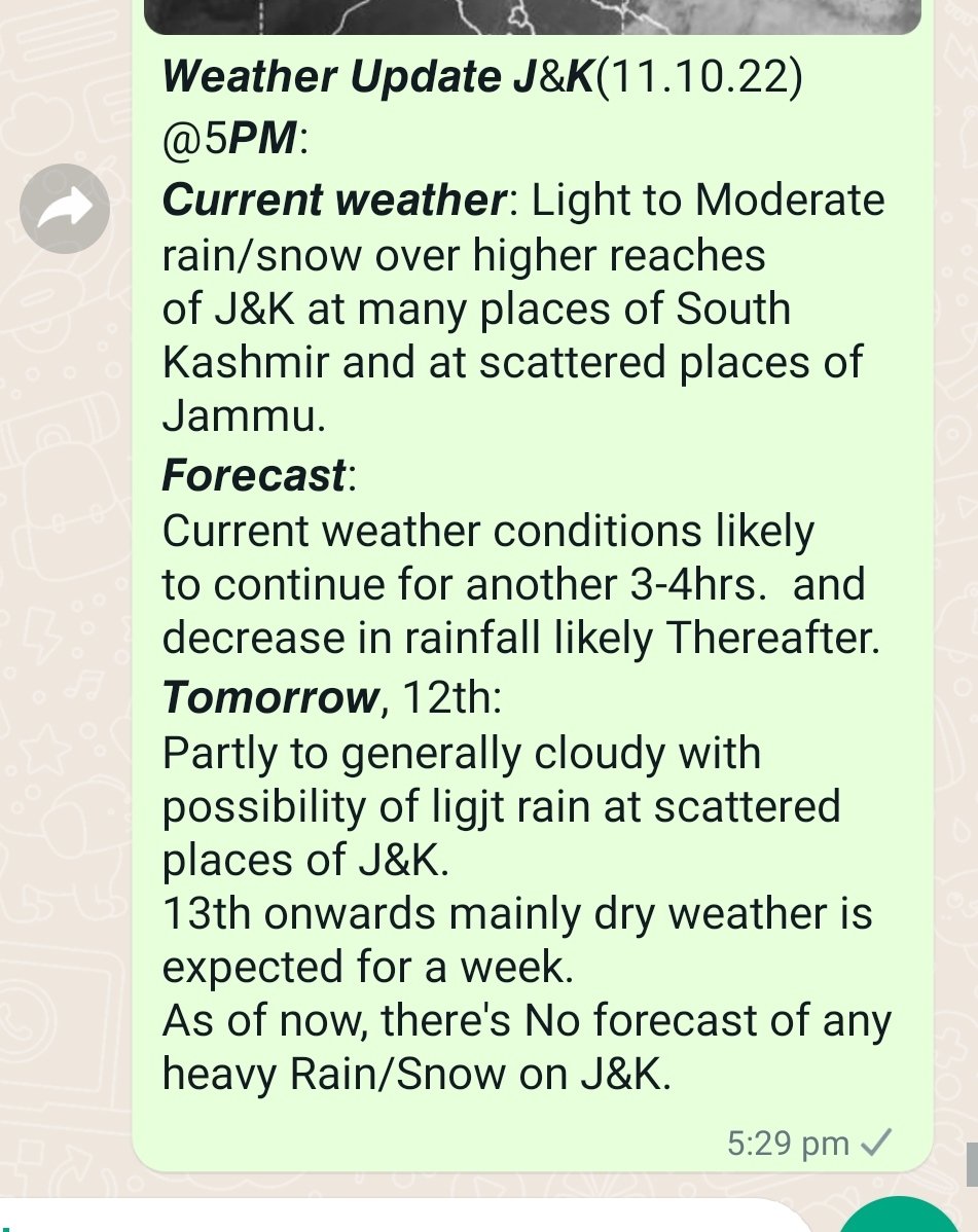 metsrinagar's tweet photo. Weather Update:
Rain/snow over higher reaches likely to continue for another 3-4 hrs in South Kashmir and hilly area of Jamku especially Chenab valley. No forecast of any heavy Rain/Snow .Expect mainly dry weather from 13-20th .. https://t.co/oZjhRLreud