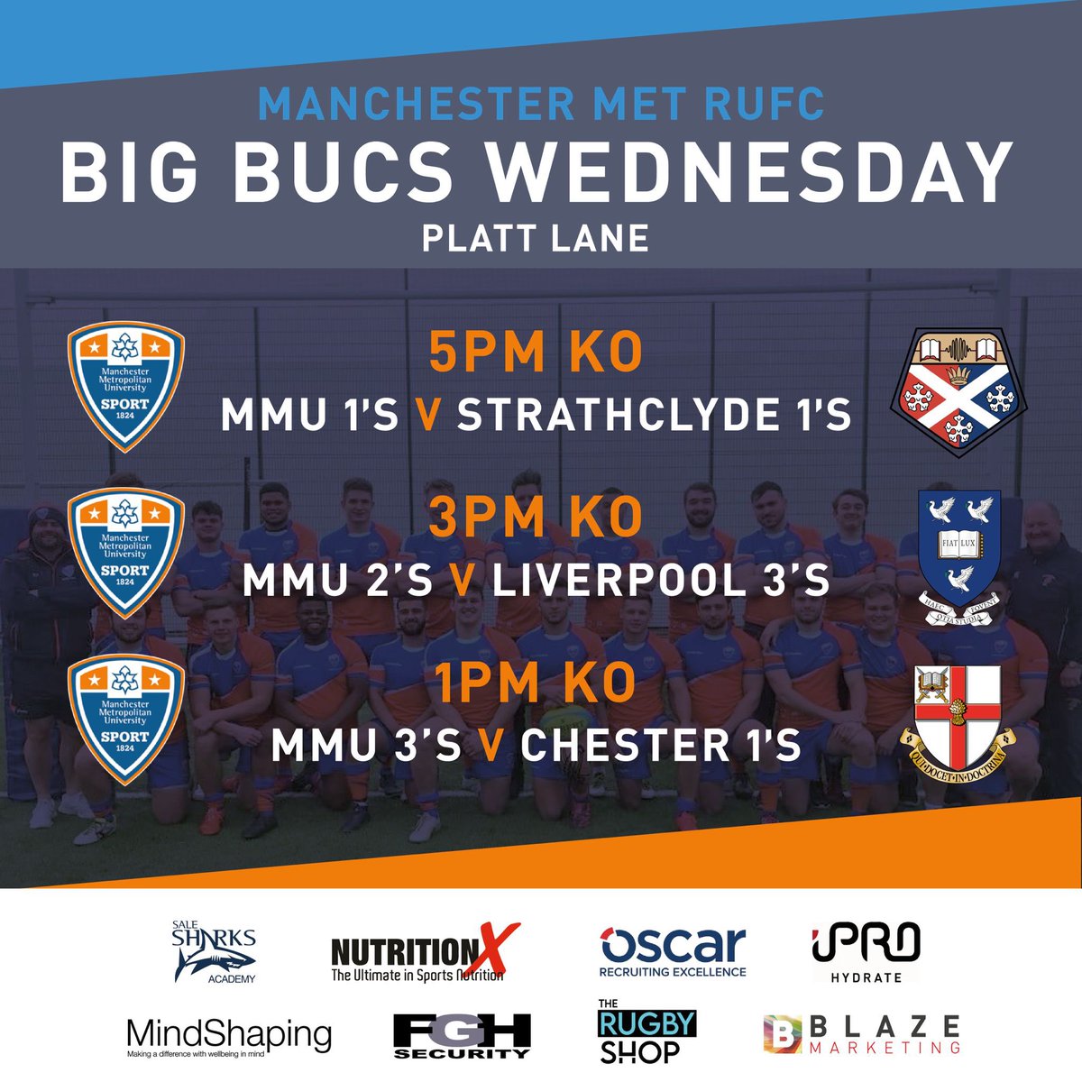 MMURUGBY's tweet image. It’s a full on day @PlattLaneMMU tomorrow, come and get behind the #BlOrange, your support makes the difference 

#ManMet #LetTheBallLive
